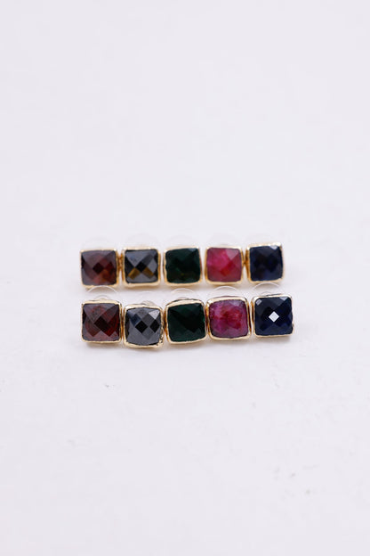 Square Gemstone Stud Earrings in Gold Plated Settings