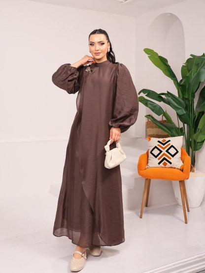 Elegant Mock Neck Maxi Dress with Balloon Sleeves
