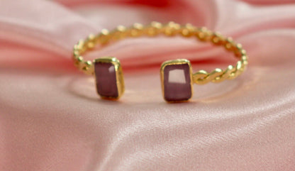 Gold-Plated Twisted Open Cuff Bracelet with Dual Stones