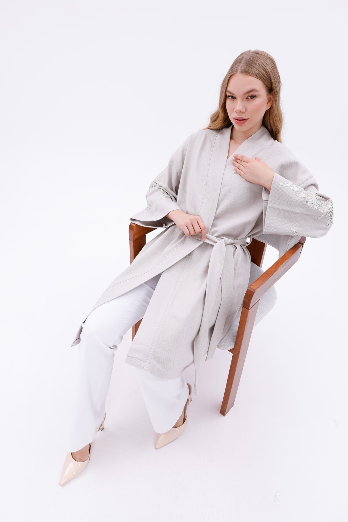 Belted Kimono Jacket with Embroidered Sleeves