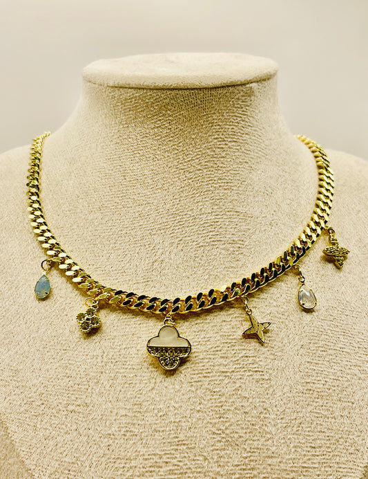 Multi-Charm Curb Chain Necklace