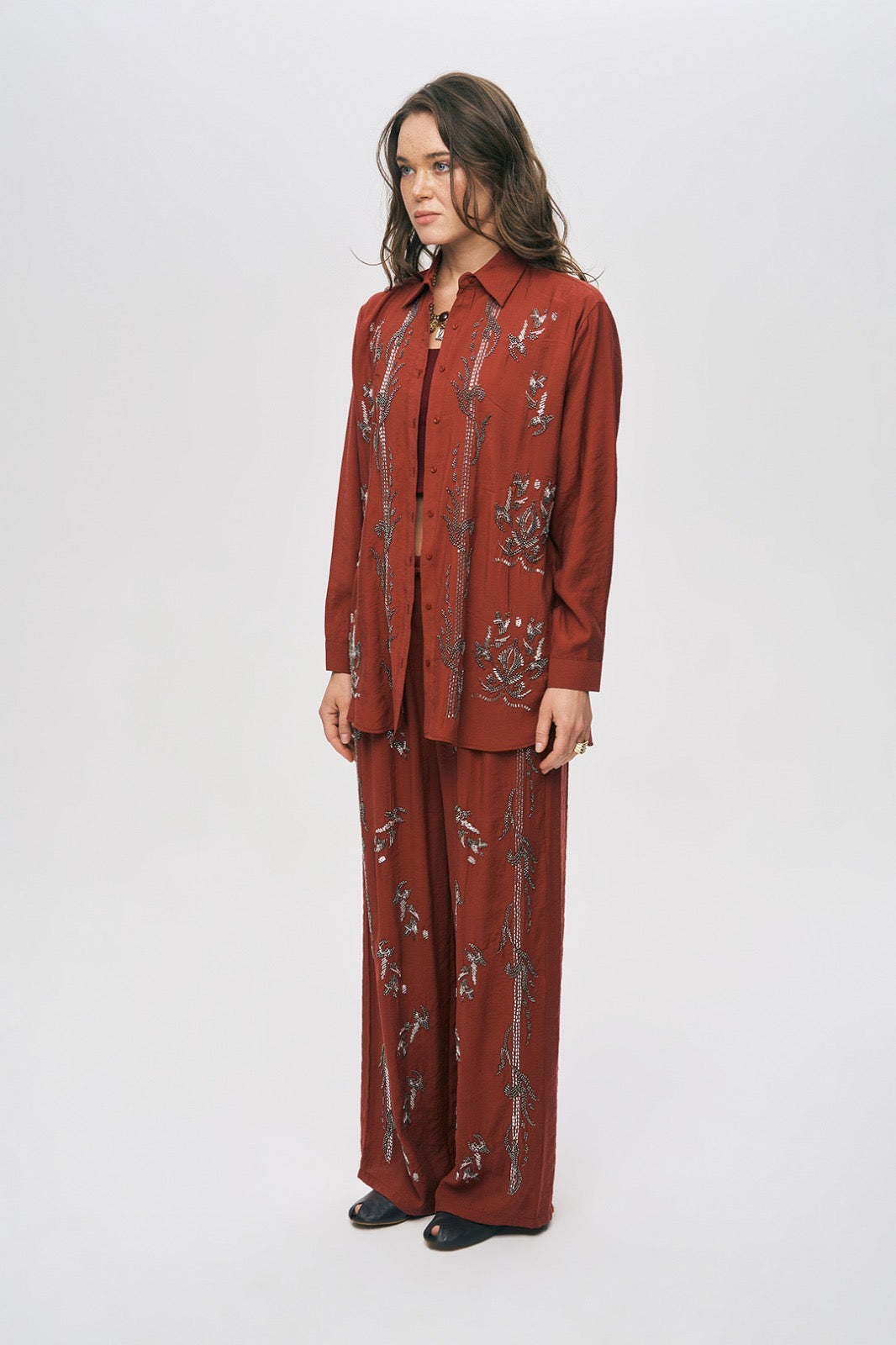 Artisan Beaded Oversized Shirt & Wide-Leg Pant Set