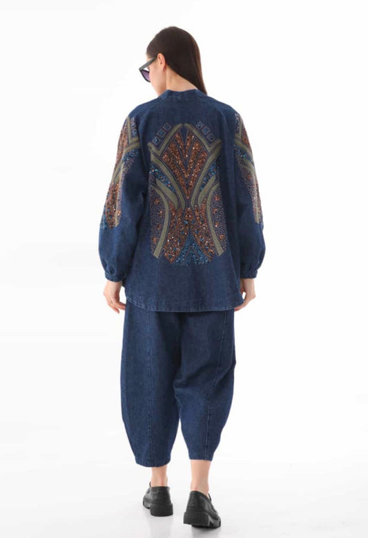 Embellished Denim Jacket with Ornate Beaded Embroidery - Blue and Beige