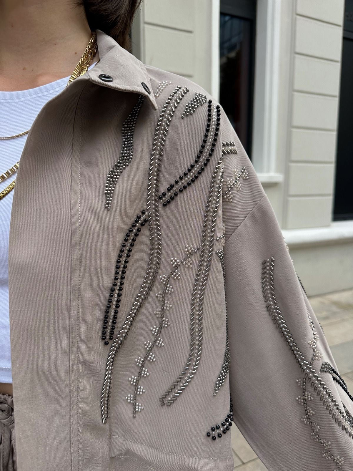 Embellished Co-Ord Set – Jacket and Wide-Leg Trousers- Khaki/ Beige