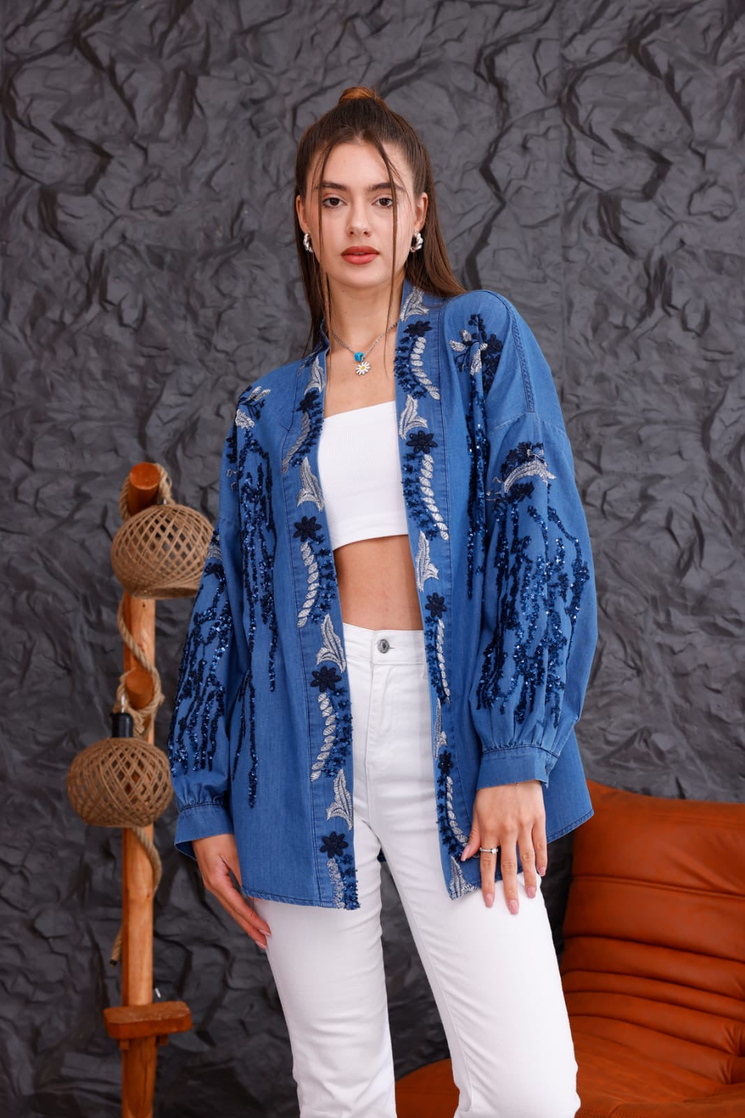 Cotton Embellished Kimono with Denim Effect