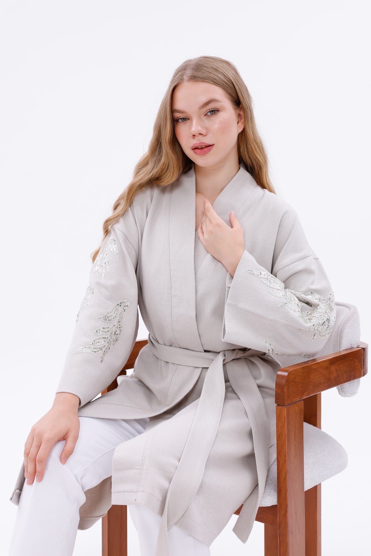 Belted Kimono Jacket with Embroidered Sleeves