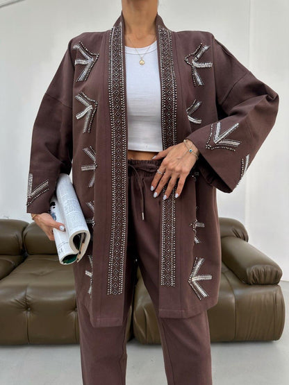 Embellished Jacket with Geometric Bead Detailing- Blue/ Beige & Brown