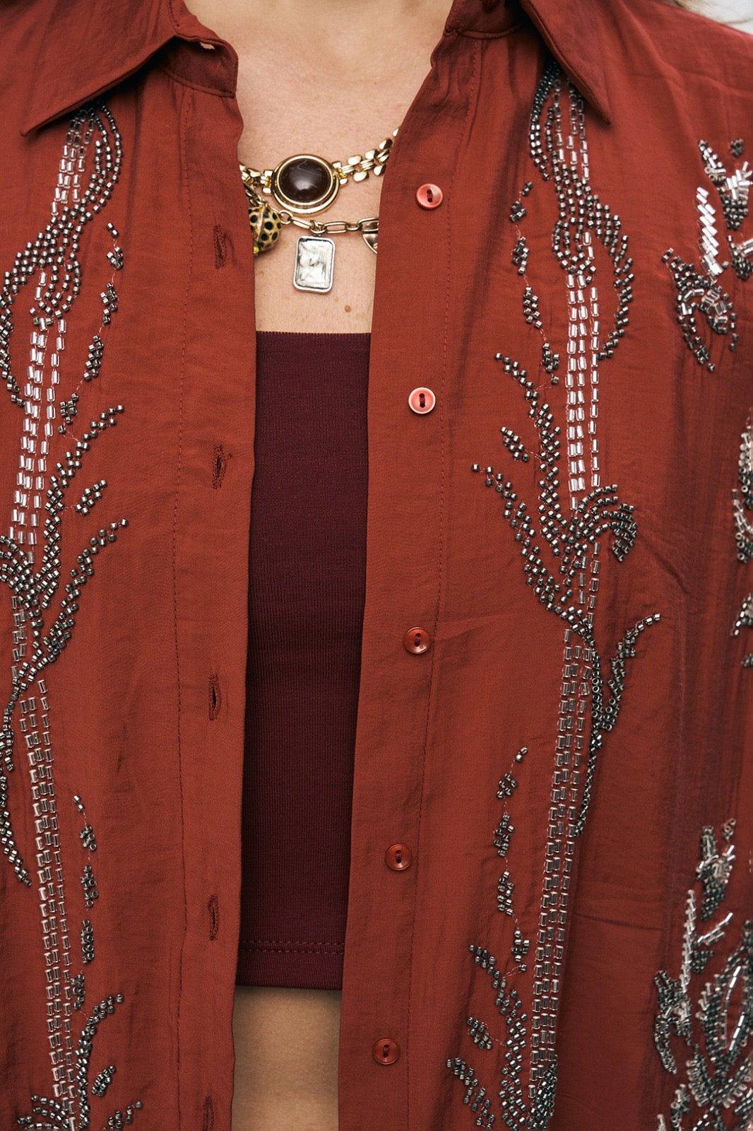 Artisan Beaded Oversized Shirt & Wide-Leg Pant Set