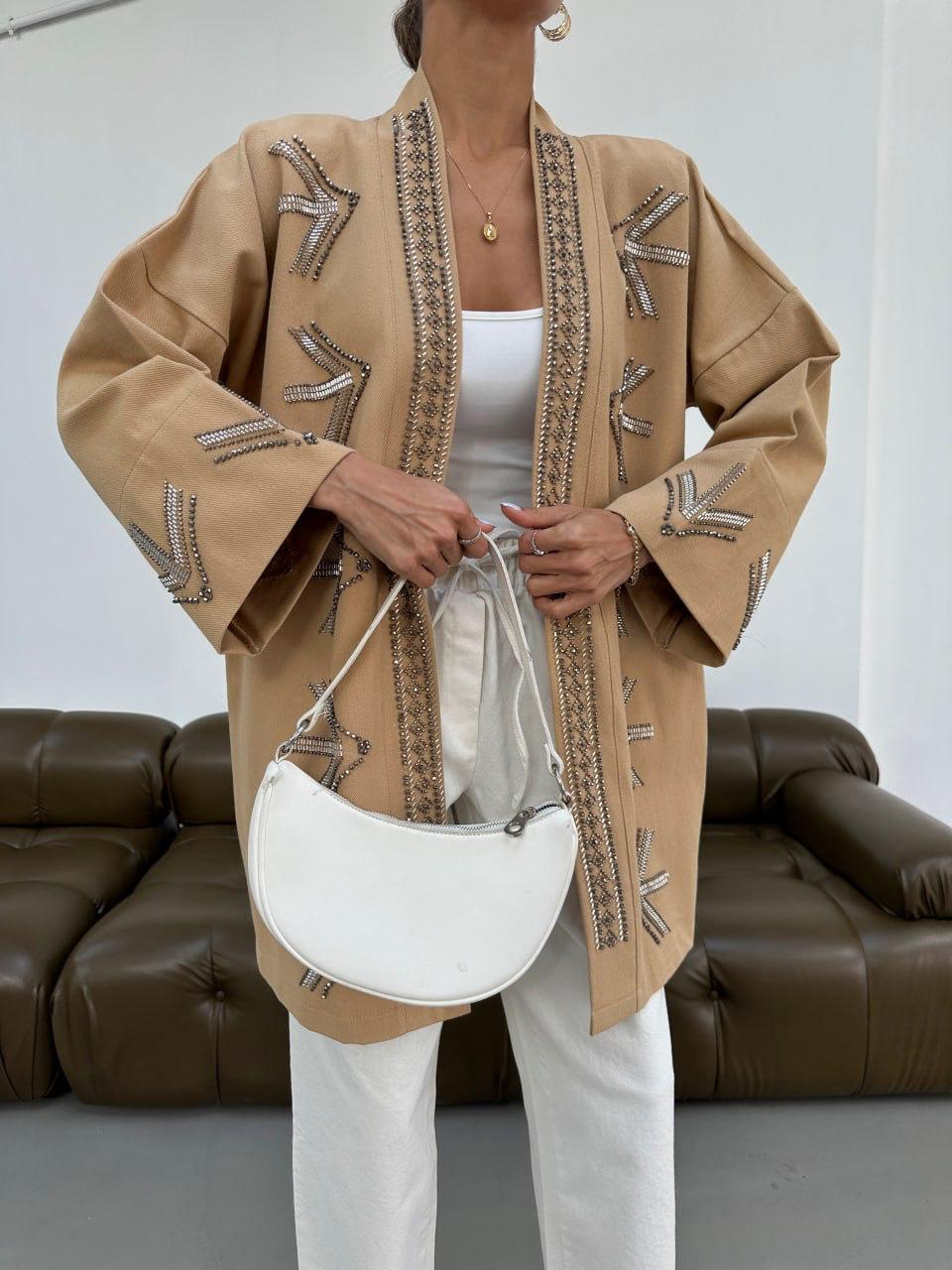 Embellished Jacket with Geometric Bead Detailing- Blue/ Beige & Brown