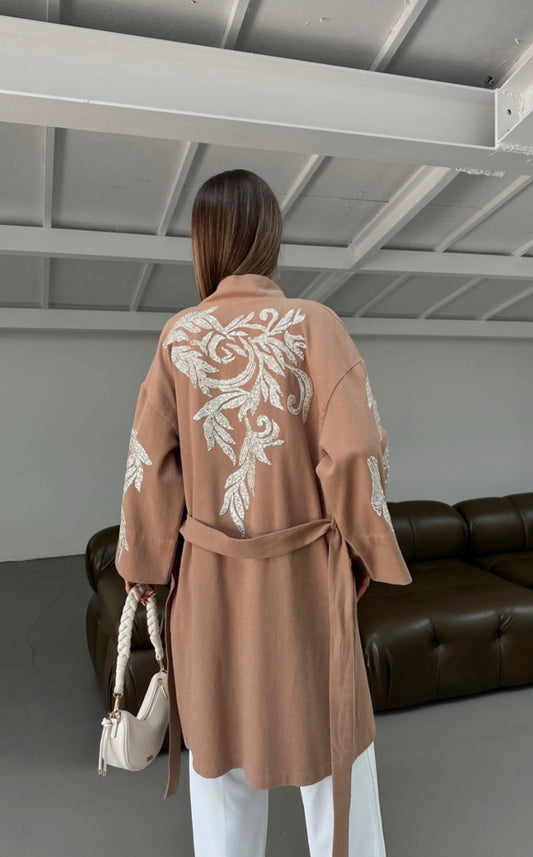 Camel Longline Coat with White Embroidered Floral Detailing