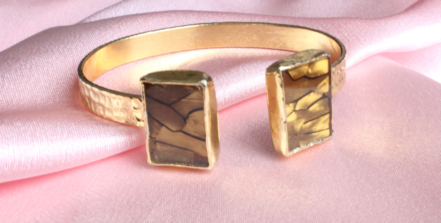 Gold Hammered Cuff Bracelet with Dual Smoky Marbled Stones