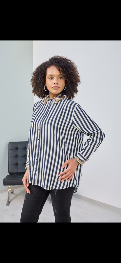 Embroidered Stripe Shirt with Diamond Details