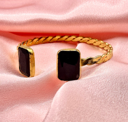 Gold-Plated Twisted Open Cuff Bracelet with Dual Stones