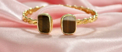 Gold-Plated Twisted Open Cuff Bracelet with Dual Stones
