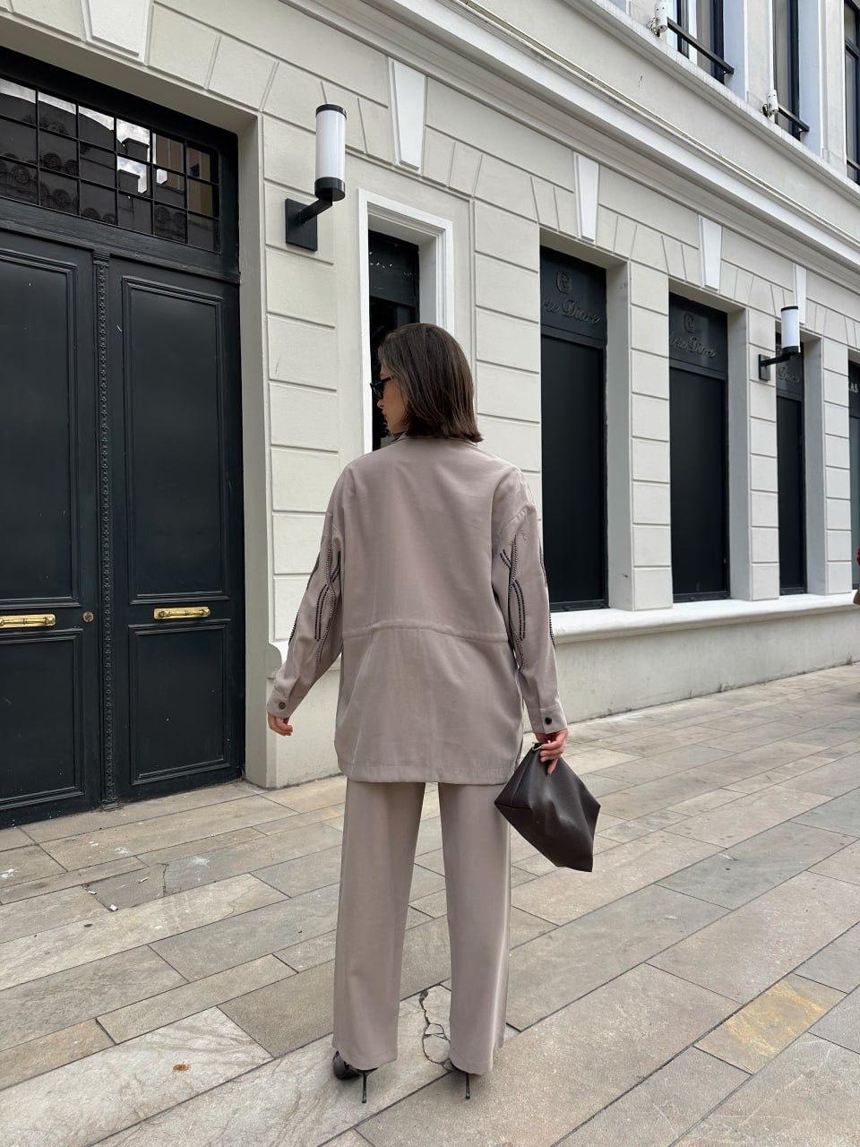 Embellished Co-Ord Set – Jacket and Wide-Leg Trousers- Khaki/ Beige