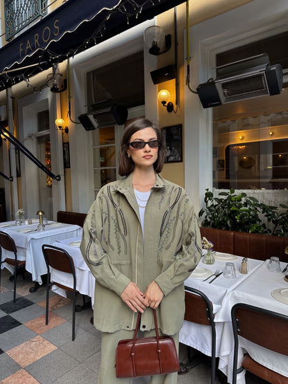 Embellished Co-Ord Set – Jacket and Wide-Leg Trousers- Khaki/ Beige