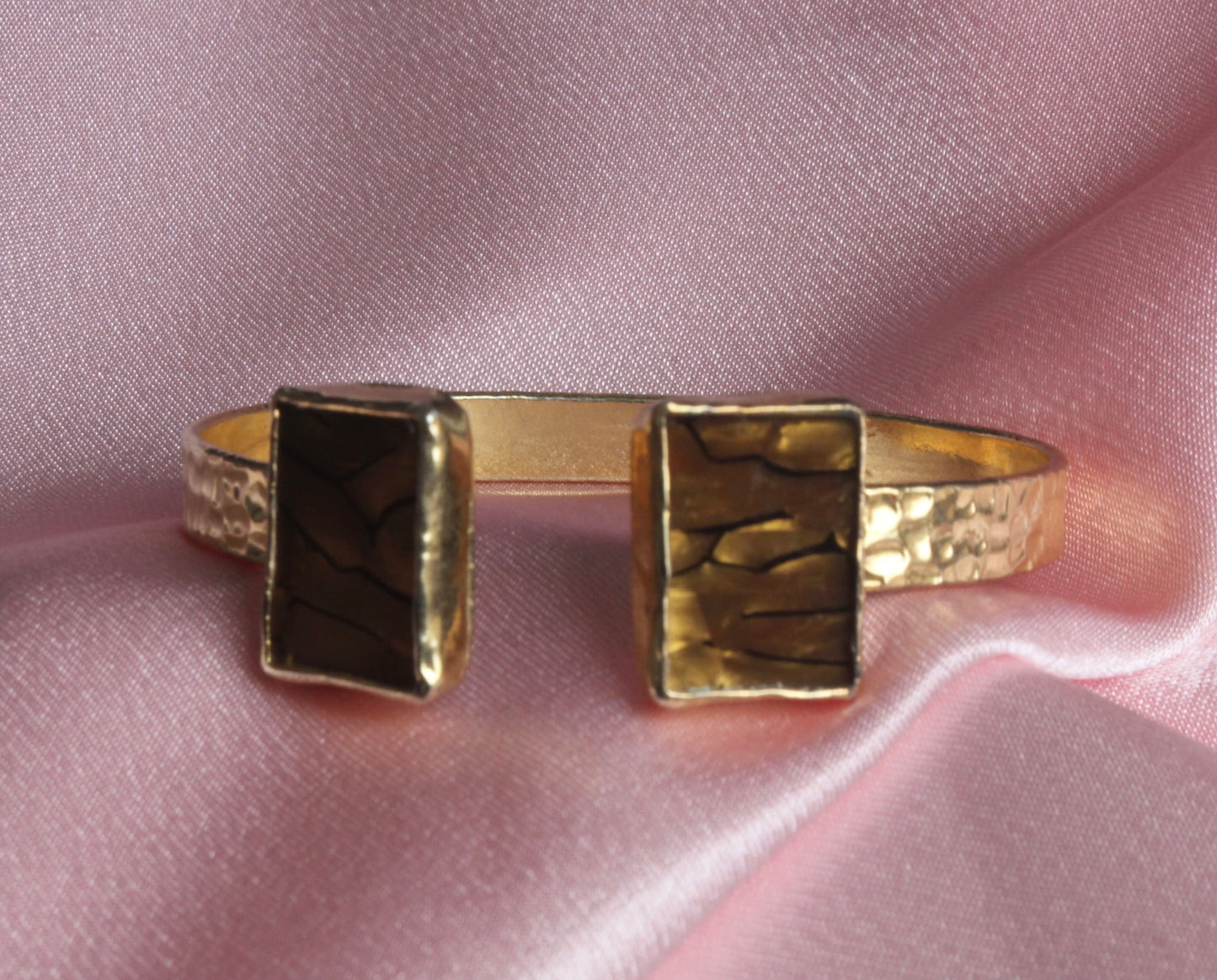 Gold Hammered Cuff Bracelet with Dual Smoky Marbled Stones
