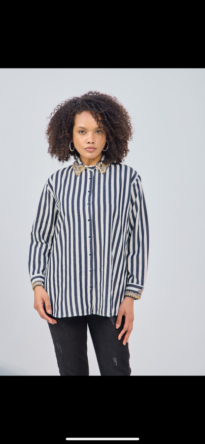 Embroidered Stripe Shirt with Diamond Details