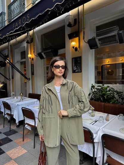 Embellished Co-Ord Set – Jacket and Wide-Leg Trousers- Khaki/ Beige