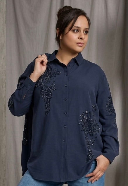 Artisanal Hand-Embellished Linen-Blend Button-Down Shirt