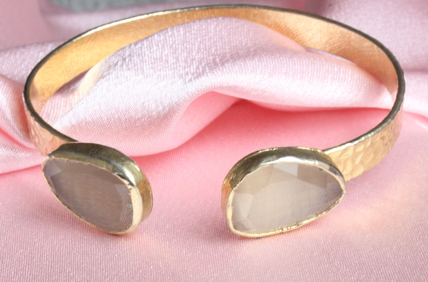 Gold Hammered Cuff Bracelet with Nude Blush Stone Accents unique shape