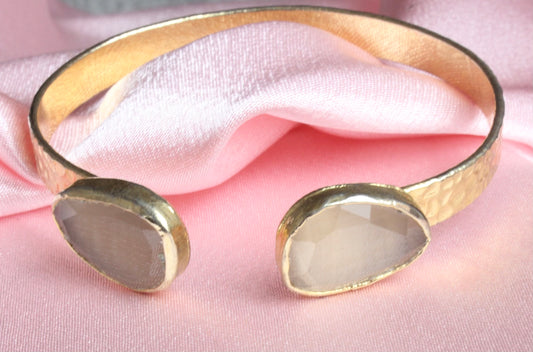 Gold Hammered Cuff Bracelet with Nude Blush Stone Accents unique shape