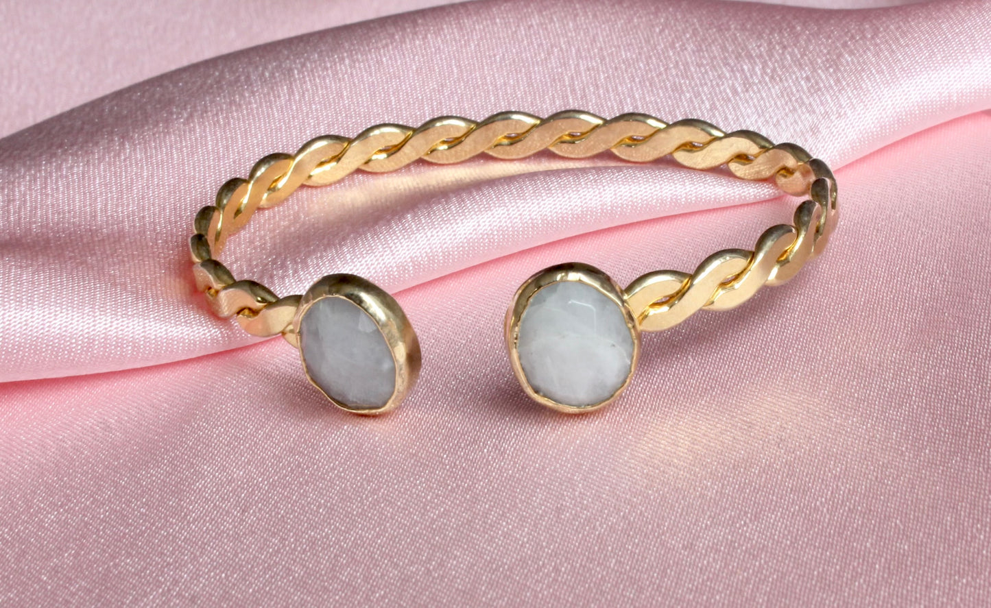Gold-Plated Twisted Open Cuff Bracelet with Dual White Stones