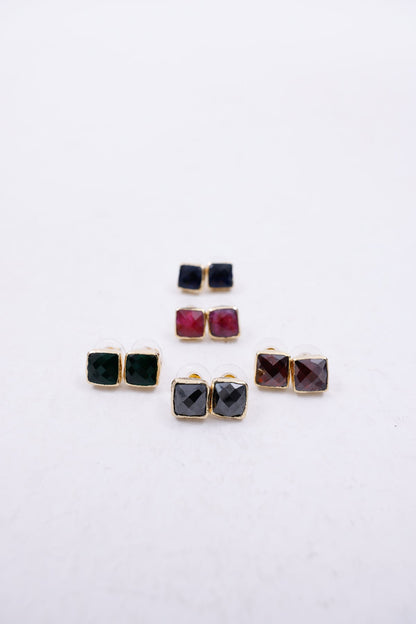 Square Gemstone Stud Earrings in Gold Plated Settings