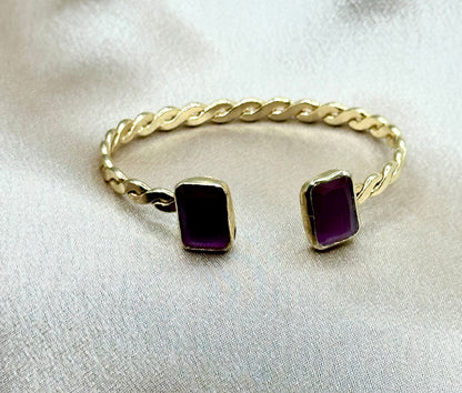Gold-Plated Twisted Open Cuff Bracelet with Dual Stones