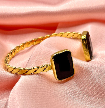 Gold-Plated Twisted Open Cuff Bracelet with Dual Stones