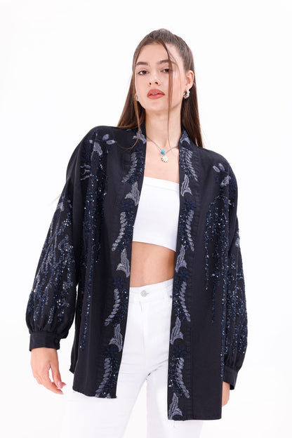 Cotton Embellished Kimono with Denim Effect