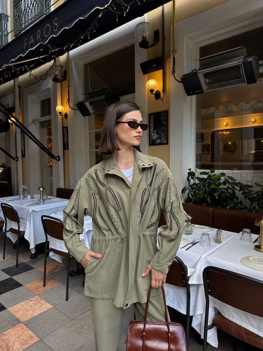 Embellished Co-Ord Set – Jacket and Wide-Leg Trousers- Khaki/ Beige