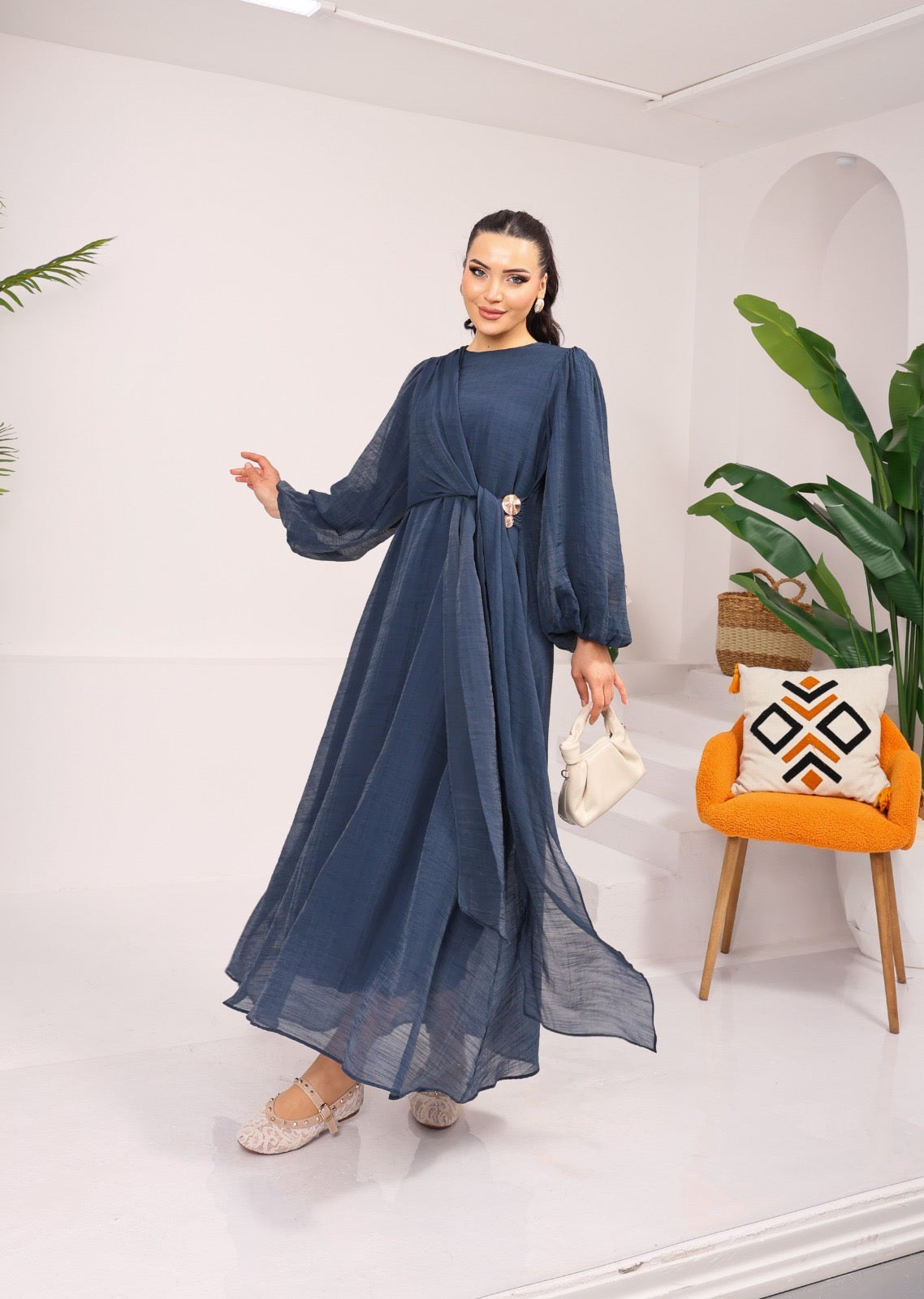 Serene Drape Maxi Dress – Elegant Sleeve Gown with Waist Sash