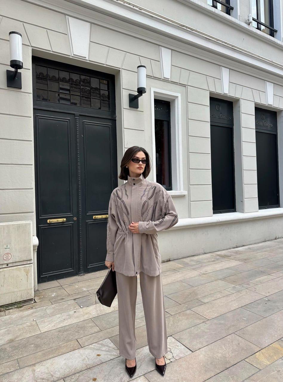 Embellished Co-Ord Set – Jacket and Wide-Leg Trousers- Khaki/ Beige