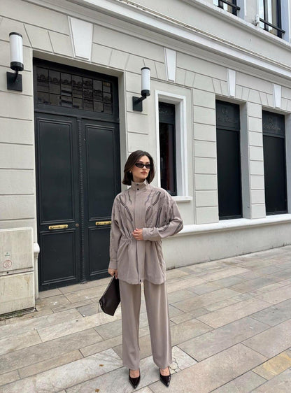 Embellished Co-Ord Set – Jacket and Wide-Leg Trousers- Khaki/ Beige