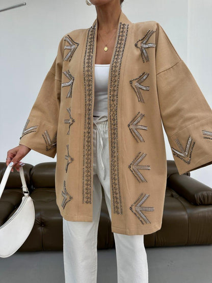 Embellished Jacket with Geometric Bead Detailing- Blue/ Beige & Brown