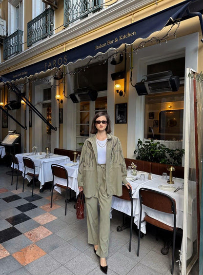 Embellished Co-Ord Set – Jacket and Wide-Leg Trousers- Khaki/ Beige