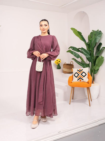 Serene Drape Maxi Dress – Elegant Sleeve Gown with Waist Sash