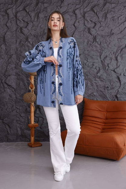 Cotton Embellished Kimono with Denim Effect