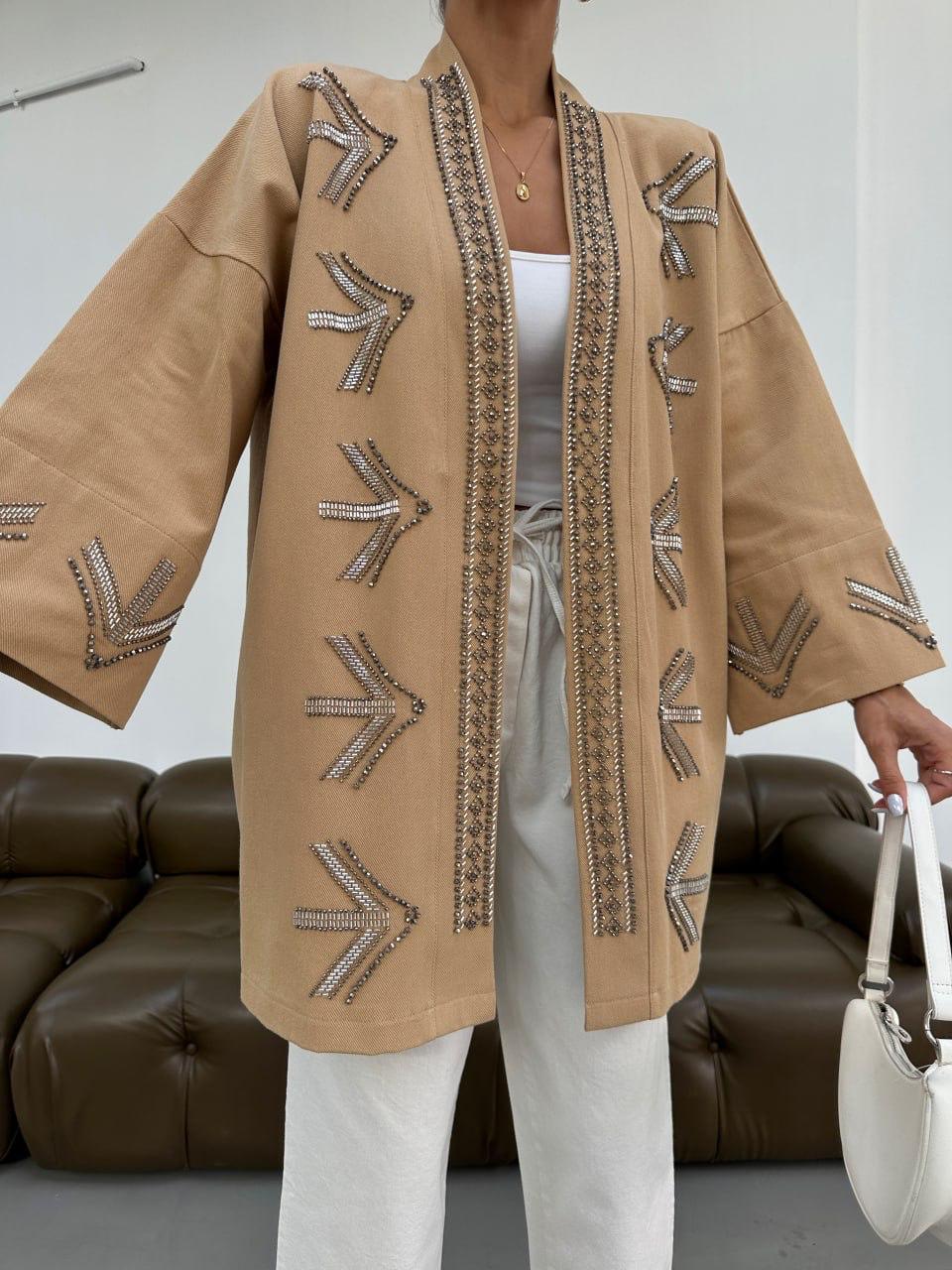 Embellished Jacket with Geometric Bead Detailing- Blue/ Beige & Brown