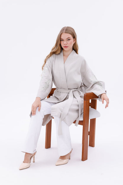 Belted Kimono Jacket with Embroidered Sleeves