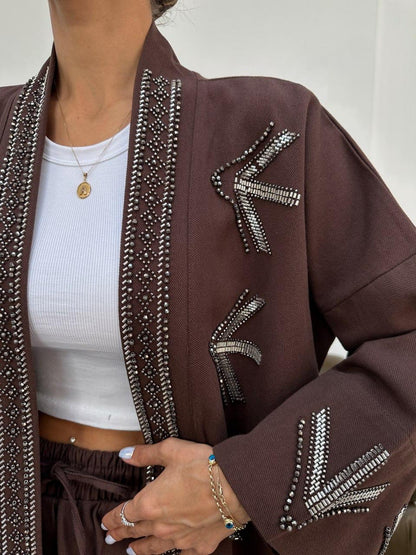 Embellished Jacket with Geometric Bead Detailing- Blue/ Beige & Brown