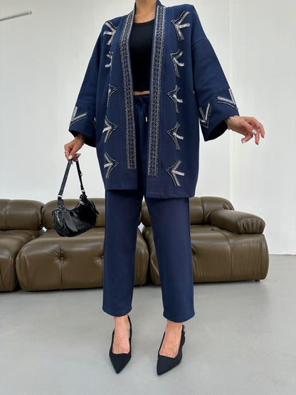 Embellished Jacket with Geometric Bead Detailing- Blue/ Beige & Brown