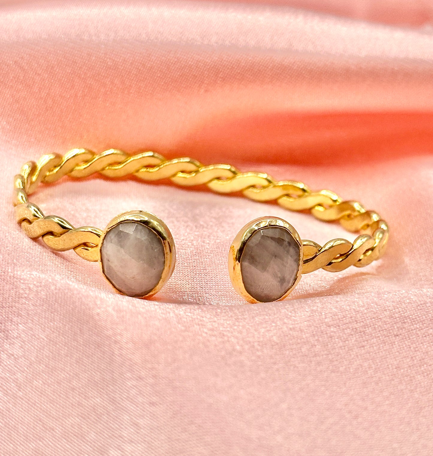 Gold-Plated Twisted Open Cuff Bracelet with Dual White Stones