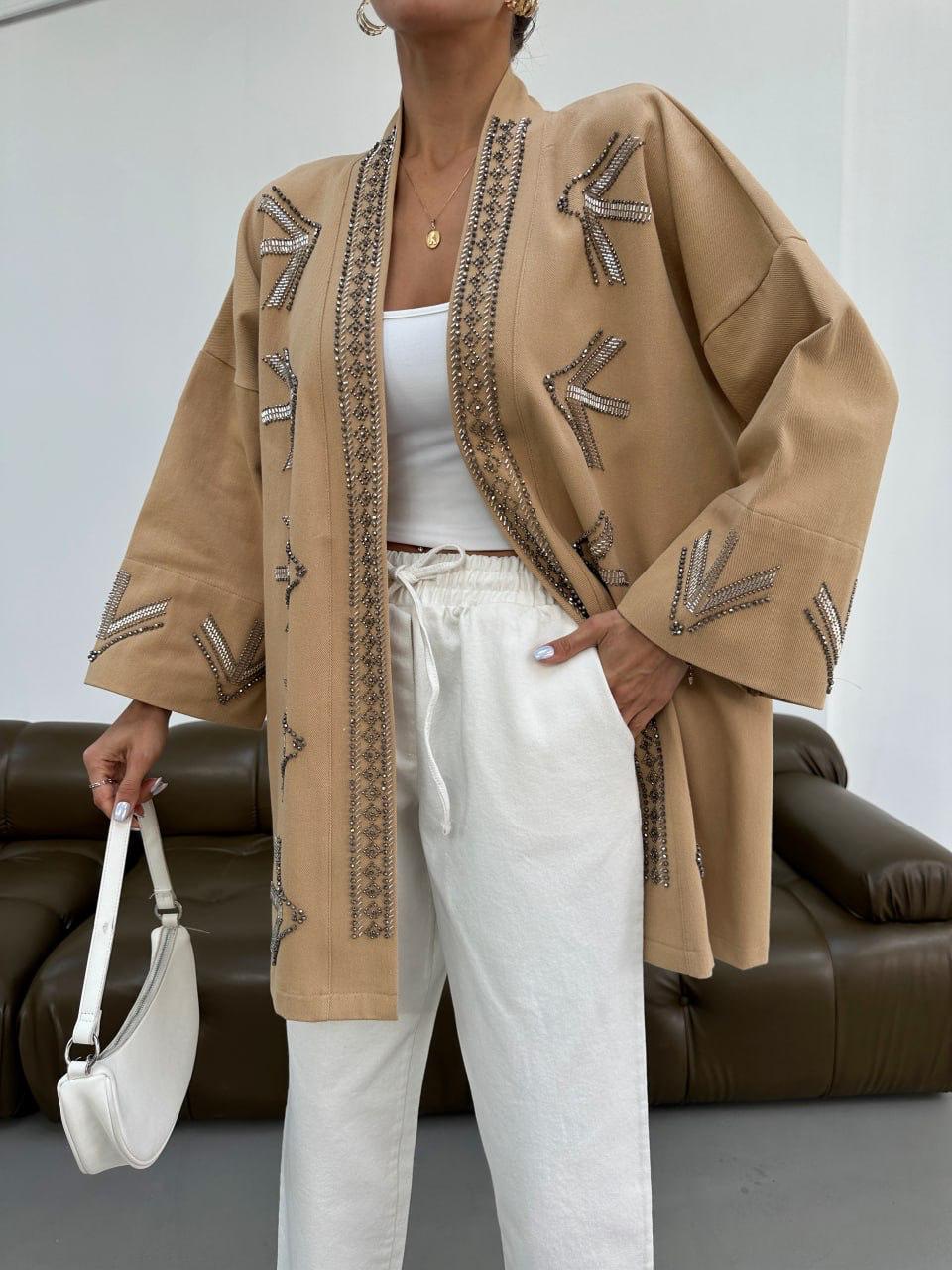 Embellished Jacket with Geometric Bead Detailing- Blue/ Beige & Brown