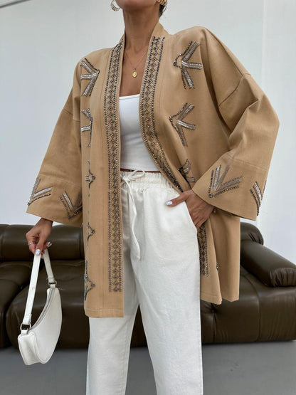 Embellished Jacket with Geometric Bead Detailing- Blue/ Beige & Brown