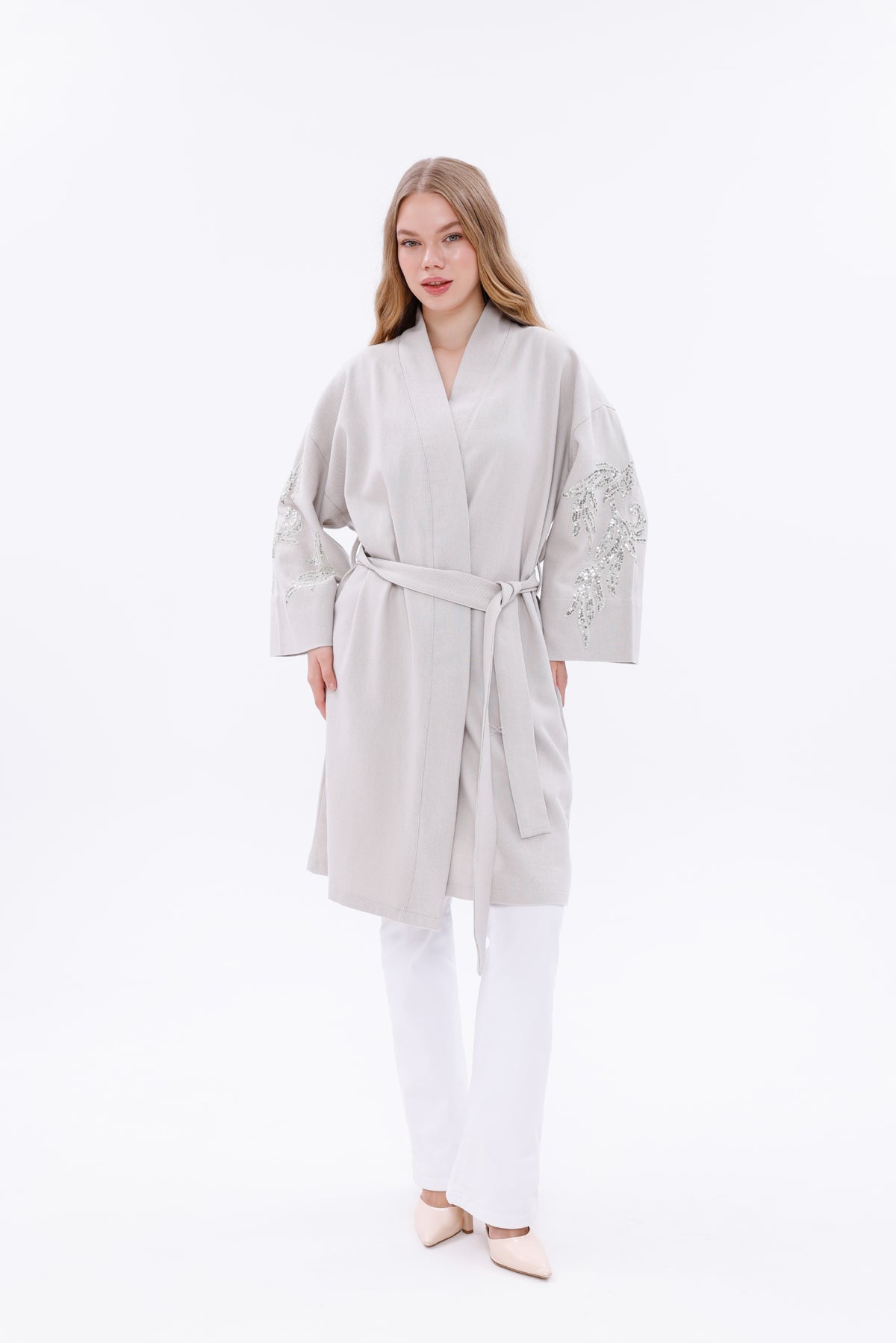 Belted Kimono Jacket with Embroidered Sleeves