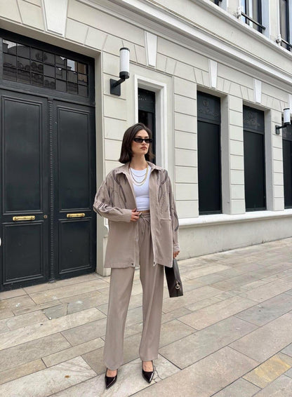 Embellished Co-Ord Set – Jacket and Wide-Leg Trousers- Khaki/ Beige