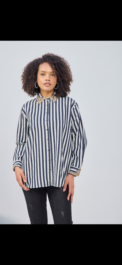 Embroidered Stripe Shirt with Diamond Details