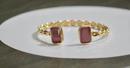 Gold-Plated Twisted Open Cuff Bracelet with Dual Stones